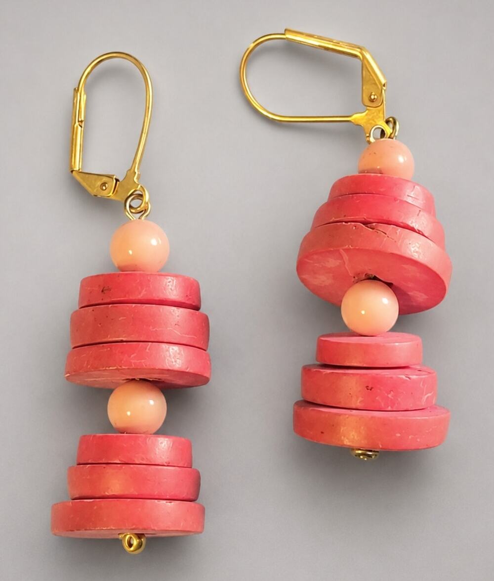 Vintage MOD Hot Pink Dangle Pierced Earrings- 2" Long 1960s Stacked rp-5
